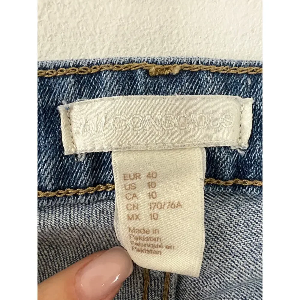 H&M Conscious Medium Wash Blue Skinny Jeans Raw Frayed Hem Mid-Rise Size 10 40